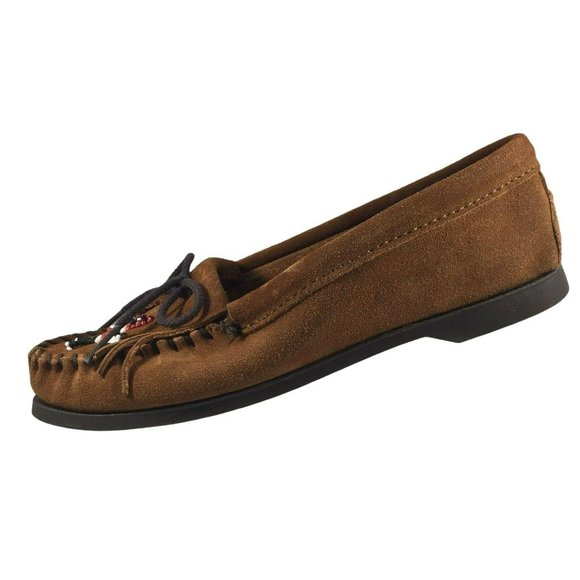 Minnetonka Leather Flats Moccasins Women 7.5 Beaded Brown Slip On Stitched Shoes - Picture 8 of 12
